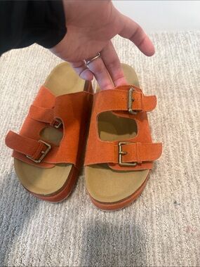 Suede Double-Buckle Slide Sandals - Orange